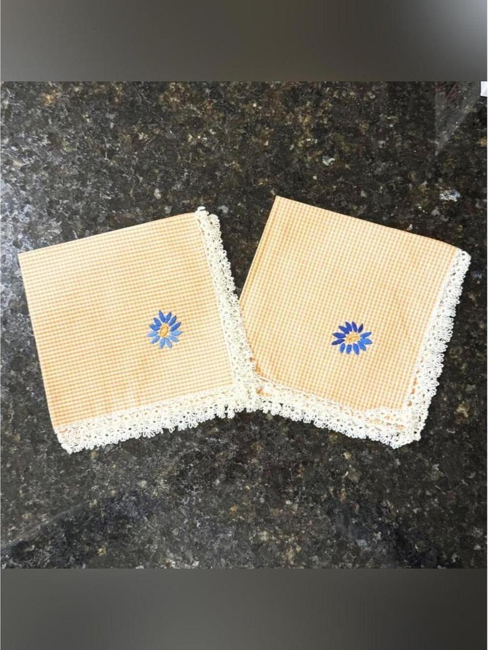 Vintage Orange Gingham Cloth Napkins with Hand-Embroidered Blue Daisy